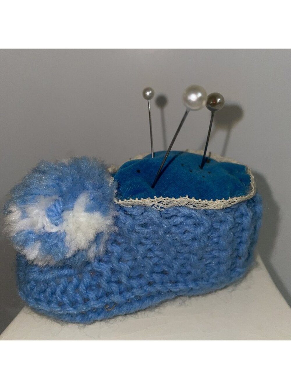 Bootie Baby Blue Pin Cushion With Vintage Pins With Pearl Top Crocheted Or Knit